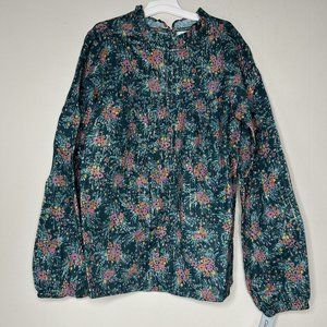 Cat & Jack Tops Girls XL 14/16 Ruffled Neck Floral Green Elastic Sleeve Cuff NWT